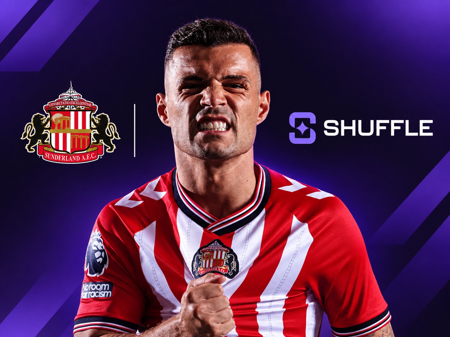 Granit Xhaka in the 2026-27 Sunderland home shirt, with the Sunderland AFC crest and the Shuffle logo